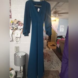 Elegant NY & Company Butterfly Sleeve Split On Side Teal Maxi Dress